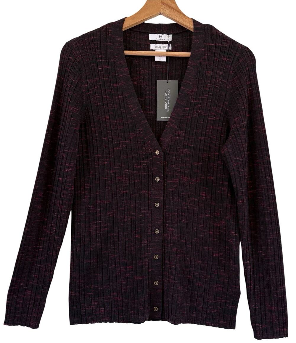 Halston 100% Extra Fine Merino Wool Cardigan Sweater V-neck Button Up Burgundy M